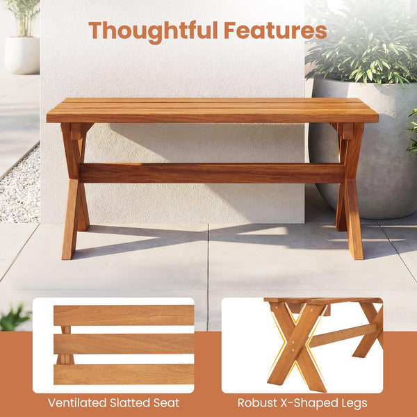 Outdoor Wood Bench – 2-Person Hardwood Patio Bench with Slatted Seat
