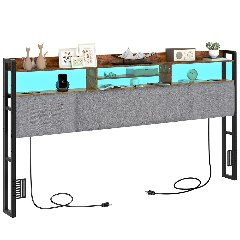 King Upholstered Headboard with LED Lights & Charging Station