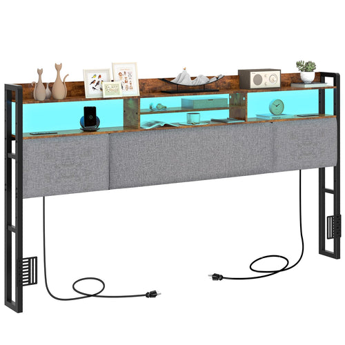 King Upholstered Headboard with LED Lights & Charging Station