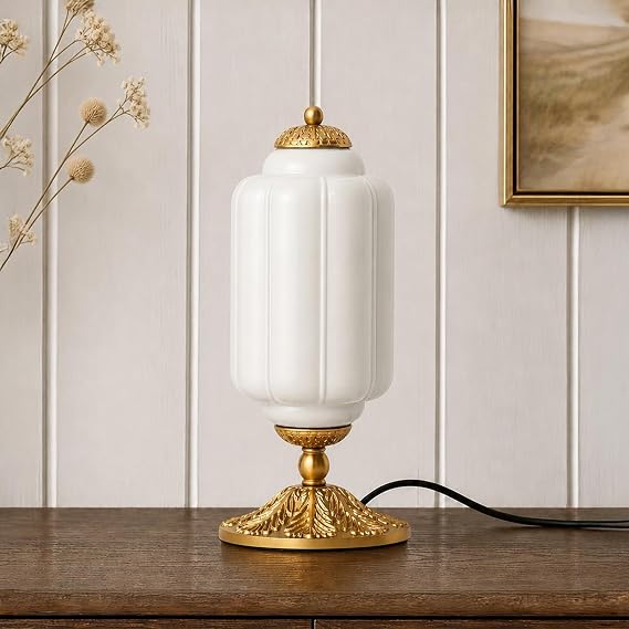 Milk Glass Touch Table Lamp with 3-Way Dimmable Lighting & USB Charging Ports