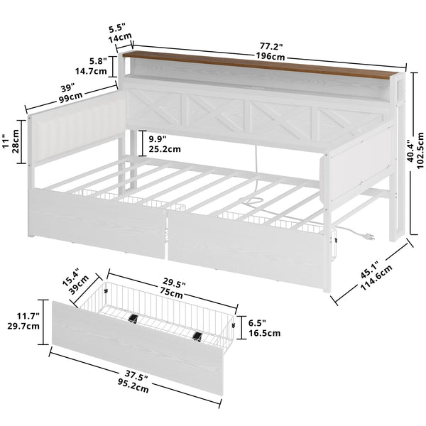 Twin Size Farmhouse Daybed with Storage Drawers & Charging Station