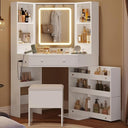 Corner Vanity Desk with LED Mirror, Rotating Cabinet & Power Outlet