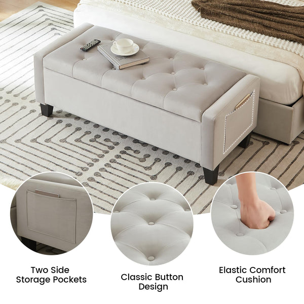 Velvet Storage Ottoman Bench with Side Pockets