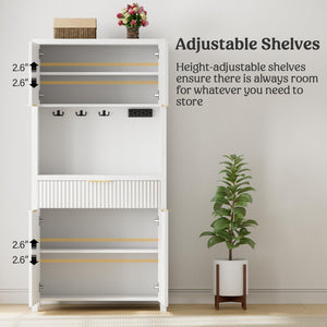 Fluted Pantry Cabinet with Charging Station, Adjustable Shelves & Storage Drawers
