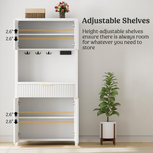 Fluted Pantry Cabinet with Charging Station, Adjustable Shelves & Storage Drawers
