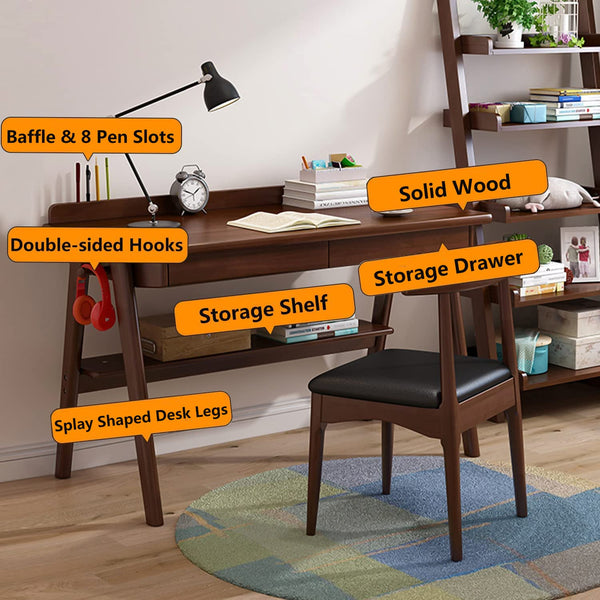Solid Wood Writing Desk, 47" Mid-Century Modern with 2 Drawers & Storage Shelf