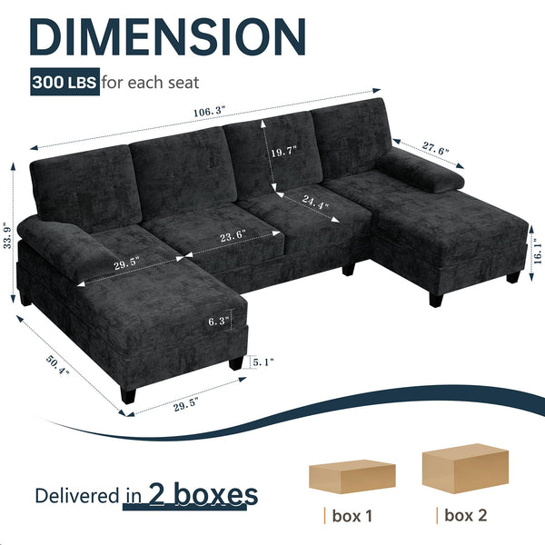 U-Shaped Sectional Sofa with Double Chaise – 4-Seat Living Room Couch