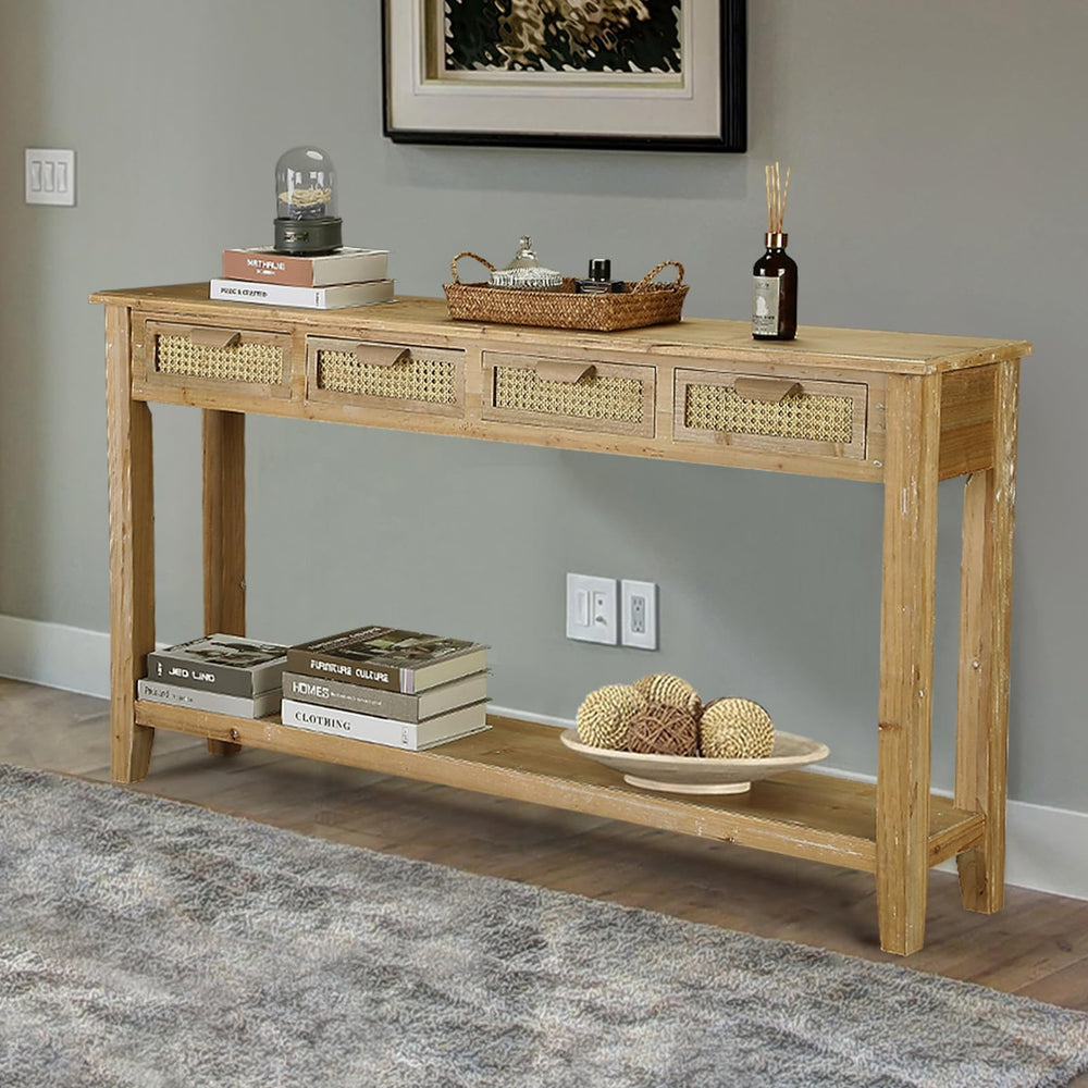 Farmhouse Console Table with Rattan Drawers & Open Shelf