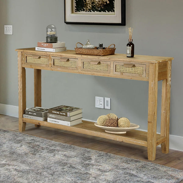 Farmhouse Console Table with Rattan Drawers & Open Shelf