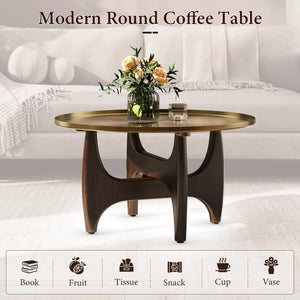 Round Coffee Table with Metal Tray Top & Wood X-Base