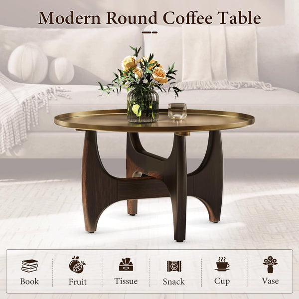 Round Coffee Table with Metal Tray Top & Wood X-Base