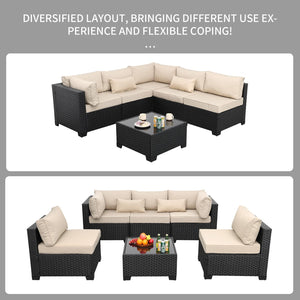 6-Piece All-Weather Wicker Patio Sectional Set with Glass Table