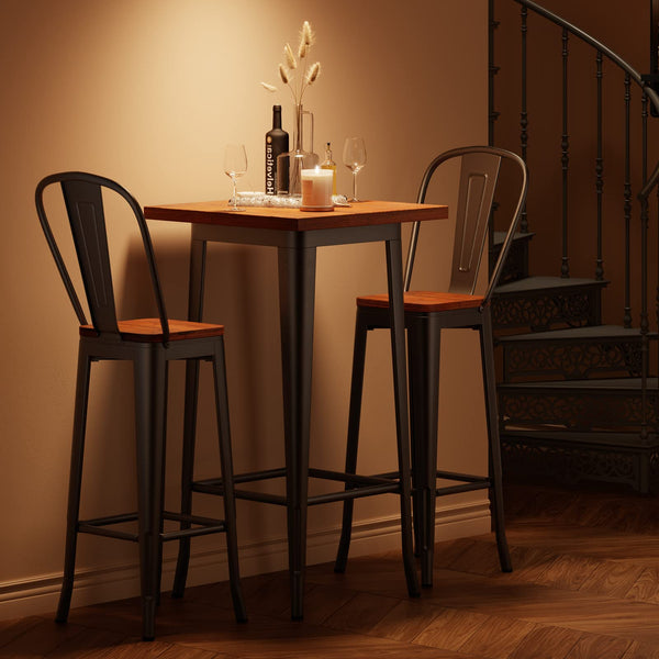 Bar Table and 2 Chairs Set with Elm Wood & Metal Frame