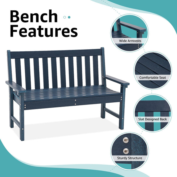 HDPE Outdoor Garden Bench – 2-Person Patio Seat with Faux Wood Grain