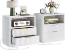 Fluted Nightstand Set of 2 with Charging Station, Drawers & Open Shelves