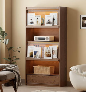 Tall Solid Wood Bookcase with Glass Doors and LED Lights
