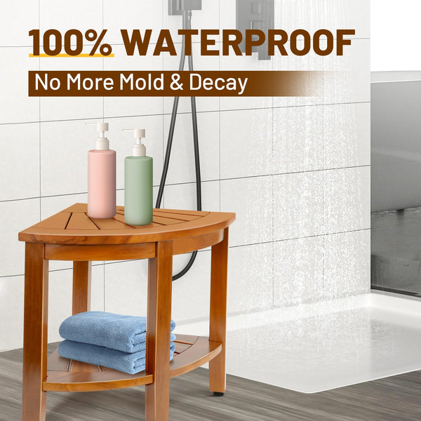 Teak Corner Shower Bench with Shelf
