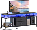 YATINEY TV Stand with LED Light and Power Outlets, Entertainment Center with Fabric Drawers and Open Shelves, 41.7" TV Cabinet for TVs up to 45 Inch, Media Console for Living Room, Brown DS03UDBR