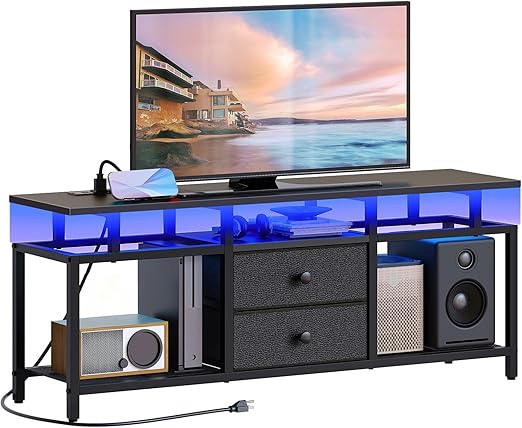 YATINEY TV Stand with LED Light and Power Outlets, Entertainment Center with Fabric Drawers and Open Shelves, 41.7" TV Cabinet for TVs up to 45 Inch, Media Console for Living Room, Brown DS03UDBR