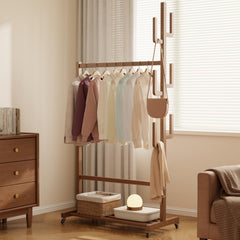 Solid Wood Rolling Clothing Rack with Cactus Hooks