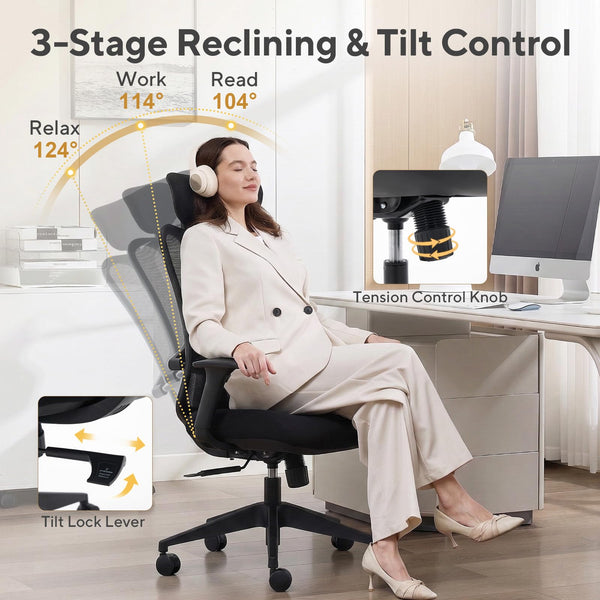 Fluido Ergonomic High Back Mesh Office Chair with Adjustable Lumbar Support & 3D Armrests