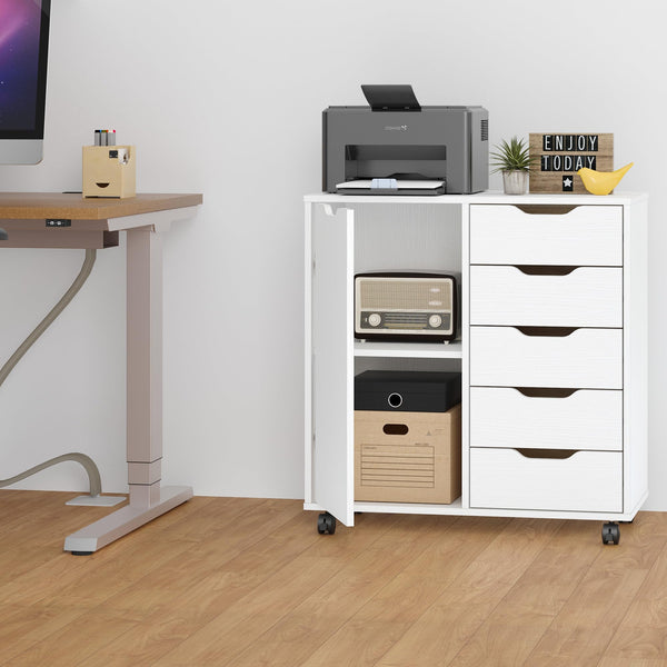 5-Drawer Chest with Door & Wheels – Wood Storage Dresser Cabinet