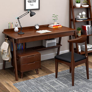 Solid Wood Writing Desk, 47" Mid-Century Modern with 2 Drawers & Storage Shelf