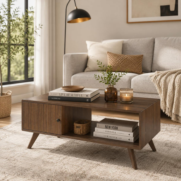 Manora Mid Century Modern Coffee Table with Storage Cabinet and Open Shelf, Wooden Living Room Table with Fluted Drawer and Solid Wood Legs, Walnut Finish Center Table for Small Spaces