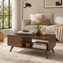 Manora Mid Century Modern Coffee Table with Storage Cabinet and Open Shelf, Wooden Living Room Table with Fluted Drawer and Solid Wood Legs, Walnut Finish Center Table for Small Spaces
