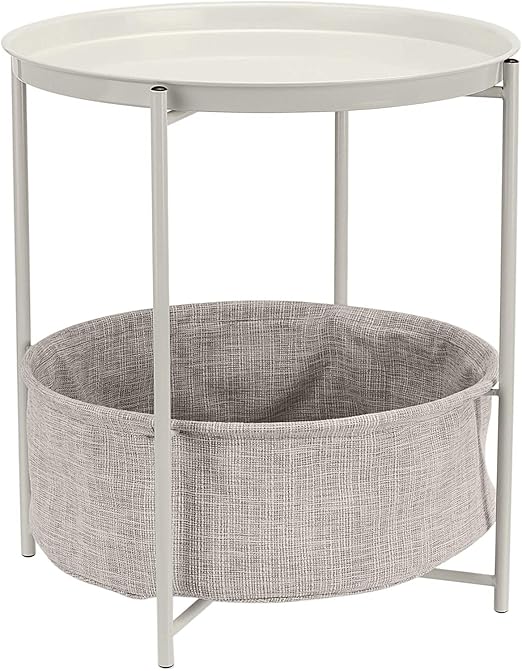 Round Metal End Table with Fabric Storage Bin