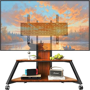 Heavy Duty Mobile TV Stand Rolling TV Cart with Wheels for 32-85 Inch Flat/Curved Led/LCD/OLED Portable Floor TV Stand with Wooden Shelves, Height Adjustable Holds up to 220lbs,Max VESA 600 x400mm