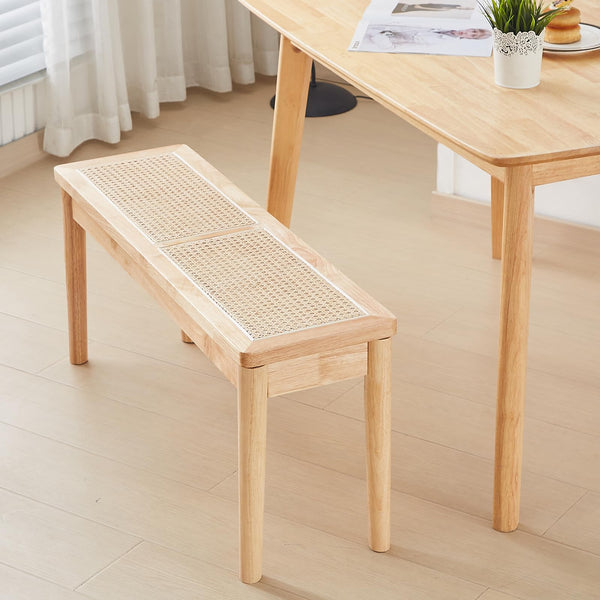 40" Wooden Dining Bench with Woven Rattan Seat