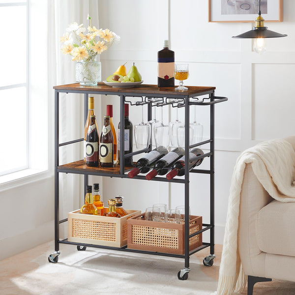 3-Tier Bar Cart with Wine Rack & Glass Holder