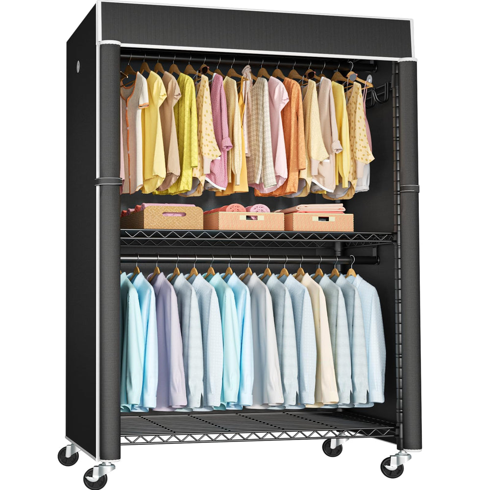Covered Rolling Clothes Rack with Shelves & Hanger Rods