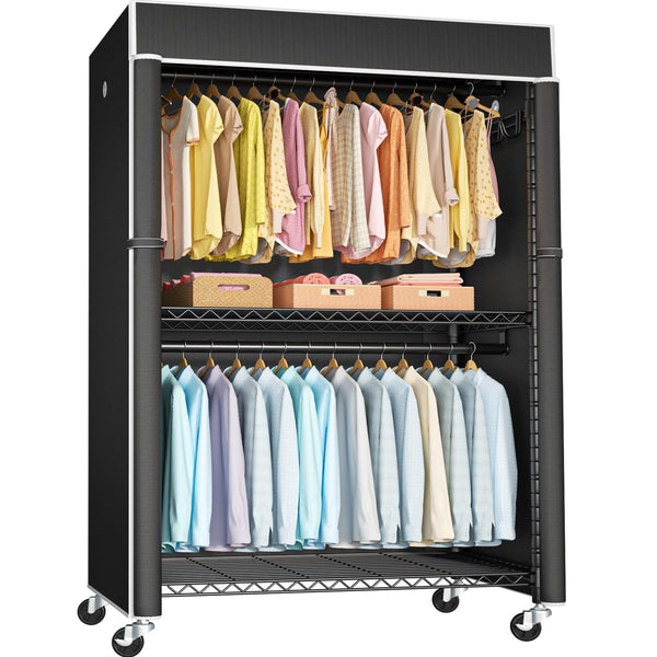 Covered Rolling Clothes Rack with Shelves & Hanger Rods