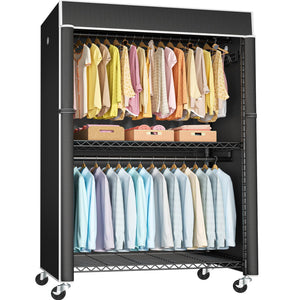 Rolling Clothes Rack with Dustproof Cover & Wire Shelves