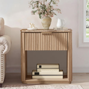 Fluted Nightstand Set of 2 with Faux Marble Top, Drawer & Open Shelf