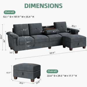 Modular L-Shaped Sectional Sofa with Storage Ottoman – Dark Gray