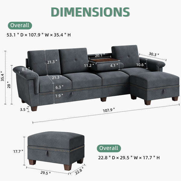 Modular L-Shaped Sectional Sofa with Storage Ottoman – Dark Gray
