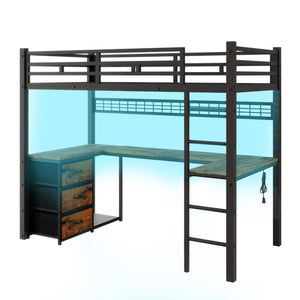 Twin Loft Bed with U-Shaped Desk, LED, Storage Drawers & Power Outlet