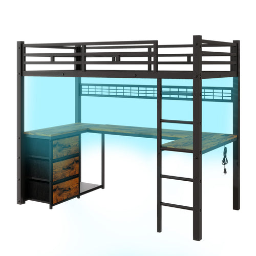 Twin Loft Bed with U-Shaped Desk, LED, Storage Drawers & Power Outlet