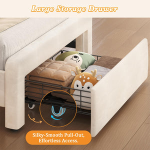 Twin Upholstered LED Bed Frame with Shell Headboard, Storage Drawer & Charging Station