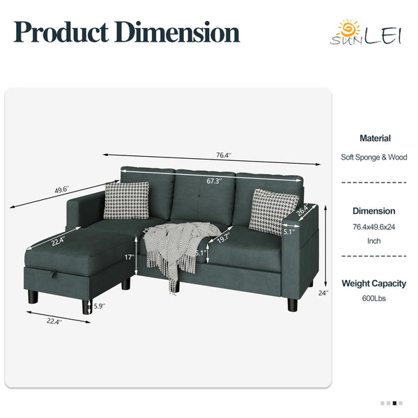 L-Shaped Sectional Sofa with Storage Ottoman | 3-Seat Linen Couch