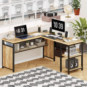 L-Shaped Computer Desk with Wood Shelves & Metal Legs, 59 Inch