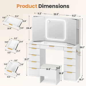 11-Drawer Vanity Desk with Foldable Mirror & LED Lights