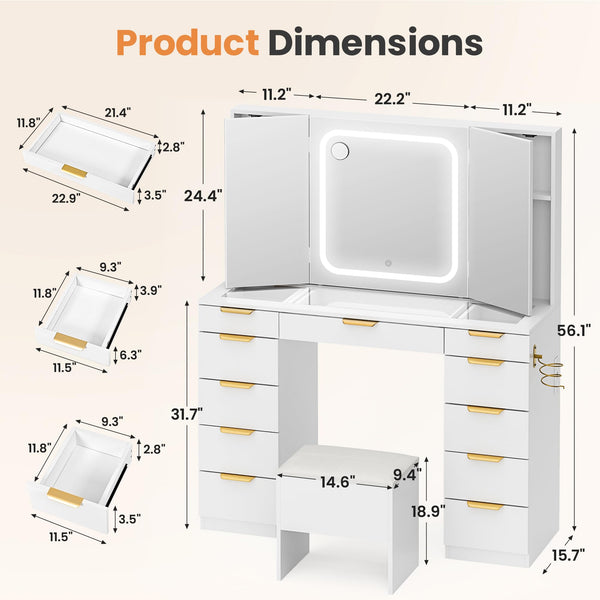 11-Drawer Vanity Desk with Foldable Mirror & LED Lights