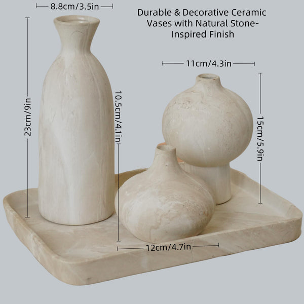 White Ceramic Vase Set of 3 – Stone Texture Decorative Pottery