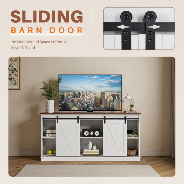 Farmhouse TV Stand with Sliding Barn Door – 65 Inch, White