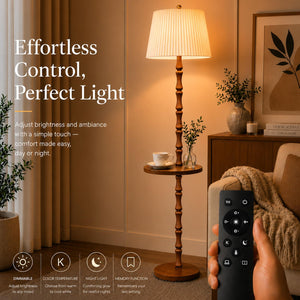 Wood Floor Lamp with Tray — Dimmable, Remote Control, 3 Color Temperatures