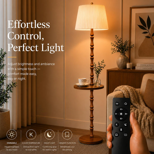 Wood Floor Lamp with Tray — Dimmable, Remote Control, 3 Color Temperatures